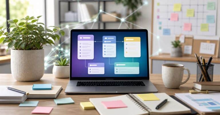Laptop with abstract AI workflow cards on a small business desk