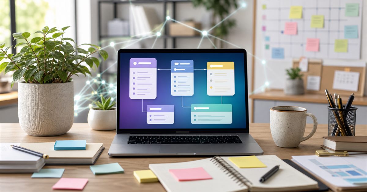 Laptop with abstract AI workflow cards on a small business desk